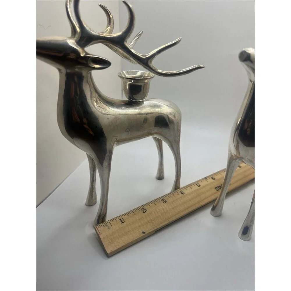 Set 2, Pottery Barn Silver Plate Reindeer Taper Candle Holder Christmas Heavy 8”